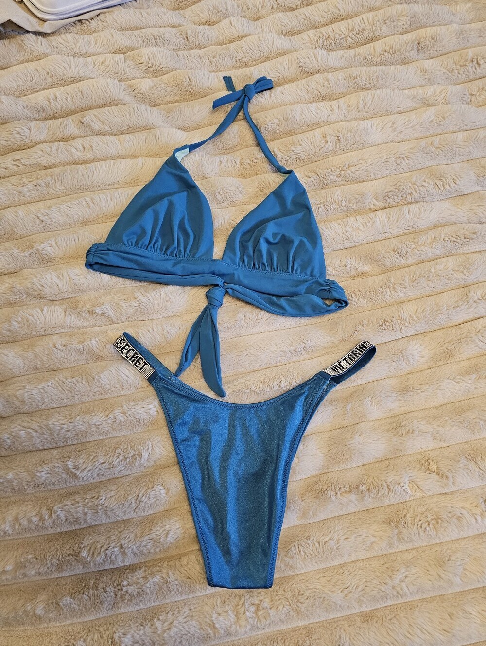 Victoria's Secret Light Blue Triangle Bikini Top with Pink Logo Print - Picture 3 of 5
